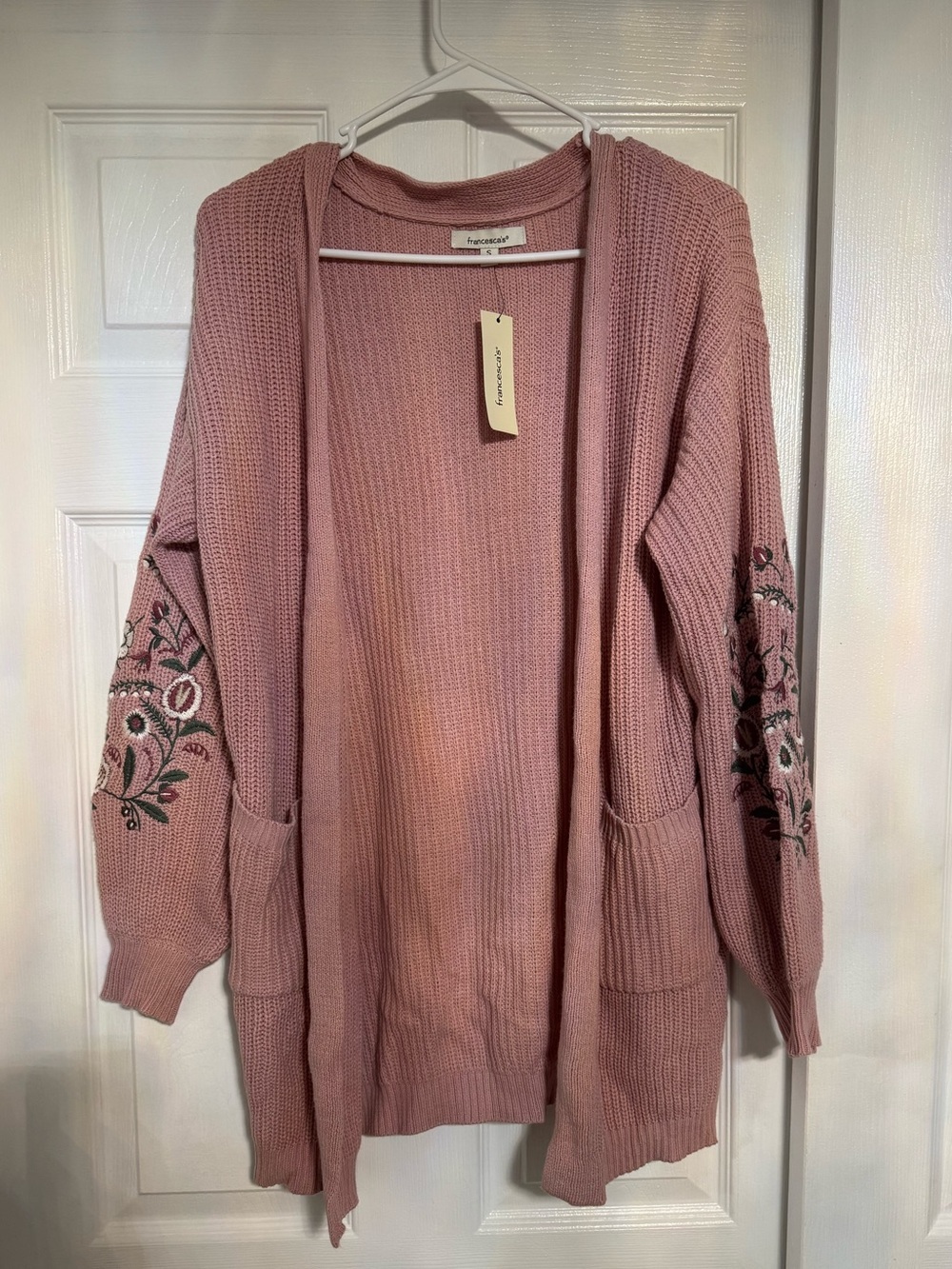 NWT Francesca's Collections Dusty Pink Open-Front Embroidered Sleeve Cardigan